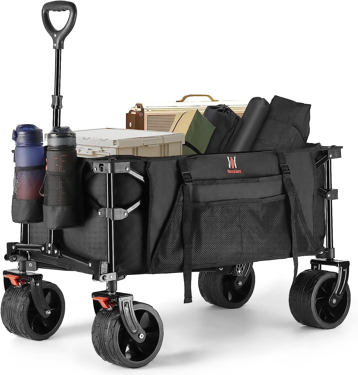 BDF89BA5-8141-075C-AF3A-8AB77BBEC4EE Navatiee Collapsible Folding Wagon, Beach Wagon Cart Heavy Duty Foldable with Big Wheels, Utility Grocery Wagon with Side Pocket and Brakes for Camping Garden Sports, T1 - Image 1